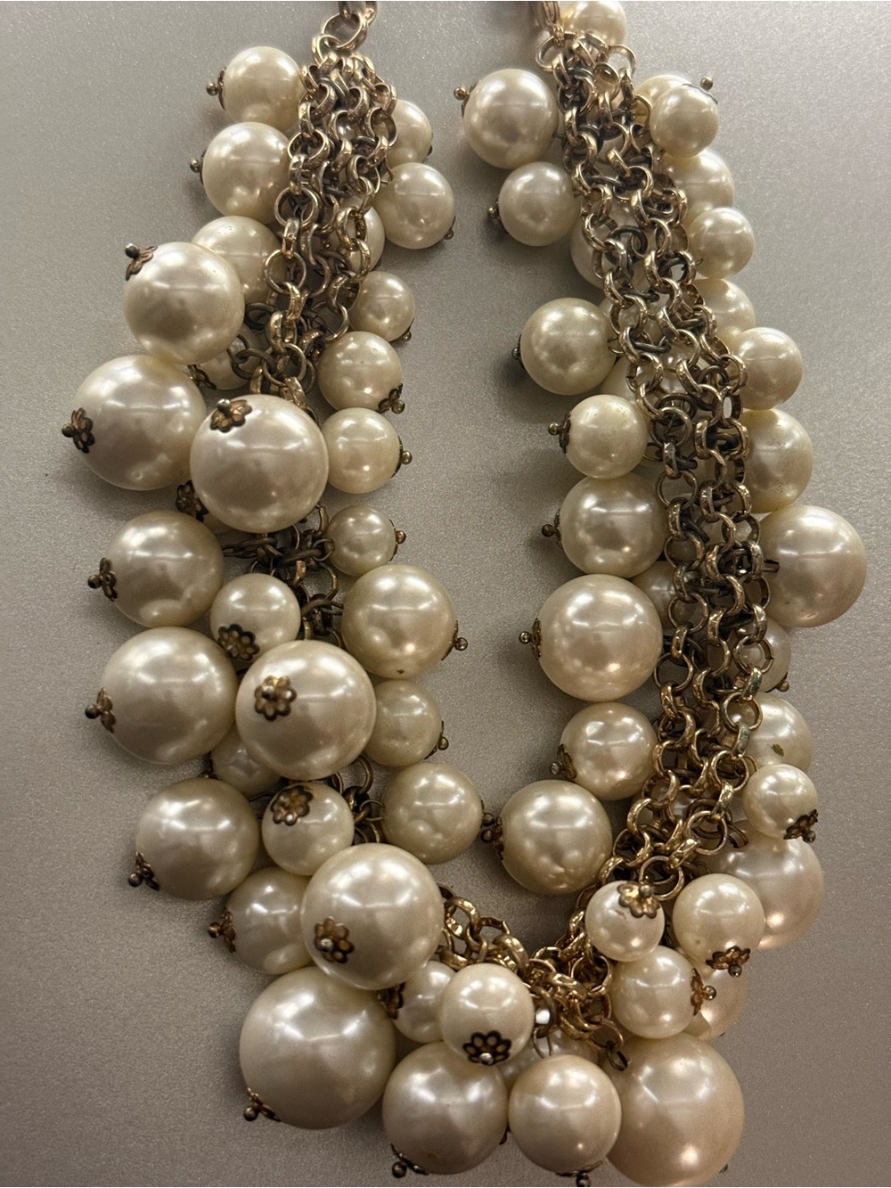 Layered Cream Pearl Cluster Necklace with Gold-Tone Chain